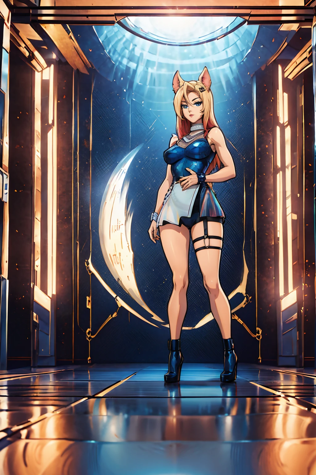 ((Full body photo, standing, feet on the ground)) (masterpiece, official art), 1girls, solo, shortstackBT, shortstack, thick, curvy, curvaceous, blue eyes, long hair, ahri, incrsAhri, fox ears, fox tail, multiple tails, (bare legs, high heels), (closeup), portrait, (huge breasts), standing, view from front, simple background, looking at viewer, (upper body), smile, seductive, alluring attire