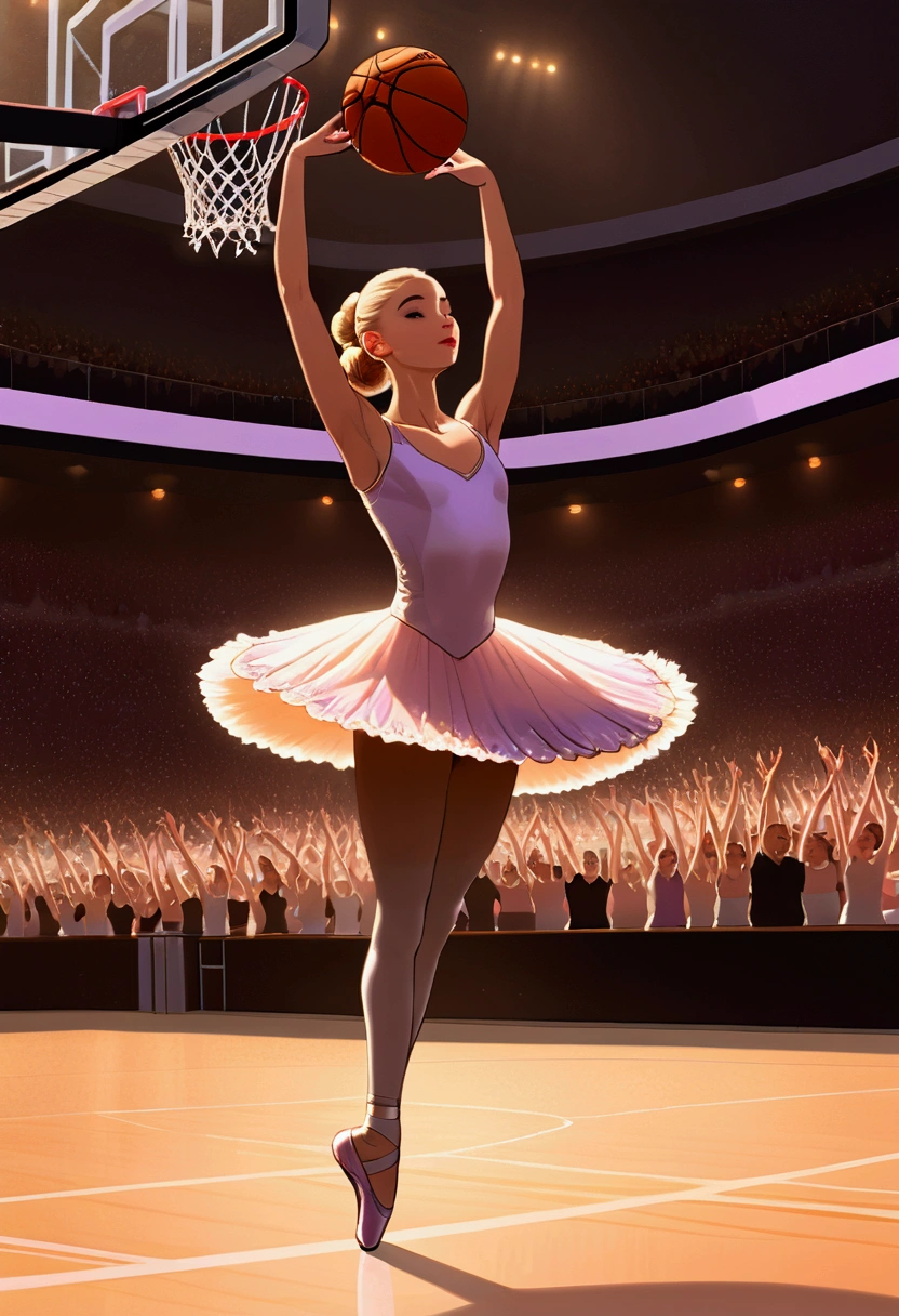 Arafed a sports capture picture of a beautiful ((ballet dancer: 1.5)),  (dunking at a basketball game: 1.3) at a basketball game, an exotic beautiful ballet dancer, blond hair, long hair, dynamic eyes color, concentrated look, determined look, best detailed face, dynamic skin color, wearing ballet clothes and shoes, and dunking, ultra wide shot, photorealistic, vibrant, Ultra-high resolution, High Contrast, (masterpiece:1.5), highest quality, Best aesthetics), best details, best quality, highres, ultra wide angle, 16k, [ultra detailed], masterpiece, best quality, (extremely detailed),