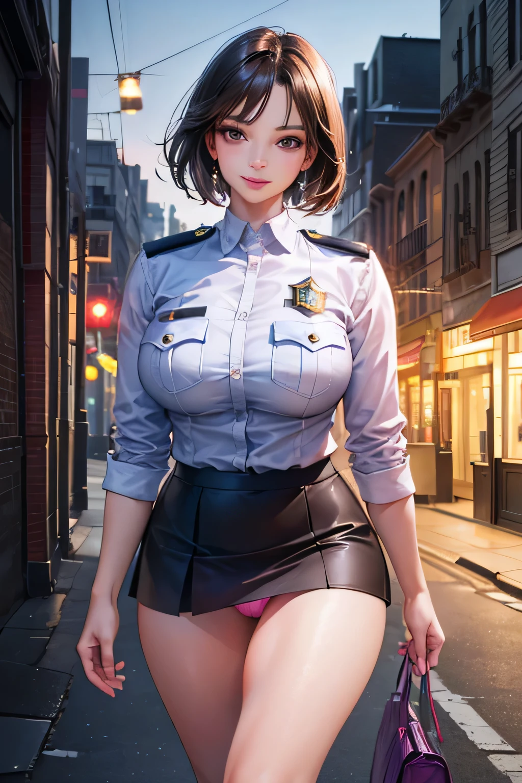 (masterpiece:1.2, Highest quality), (Realistic, photoRealistic:1.4), Beautiful illustrations, (Natural Side Lighting, Cinema Lighting), Surrealism, 
View your audience, 1 female, 40 years old, Perfect Face, Glowing Skin, 
(short hair, Straight hair), Brown eyes, Long eyelashes, (Large Breasts, Only the delta part of the pink panties is visible from under the skirt, Captivating thighs)
Beautiful Hair, Beautiful Face, Beautiful attention to detail, Beautiful body, Beautiful breasts, Beautiful thighs, Beautiful legs, Beautiful fingers, 
(Wear a police uniform and a short skirt),  
(Beautiful views), evening, (City Street:1.2), walk, Sexy posture, (Charming smile, Lips parted)