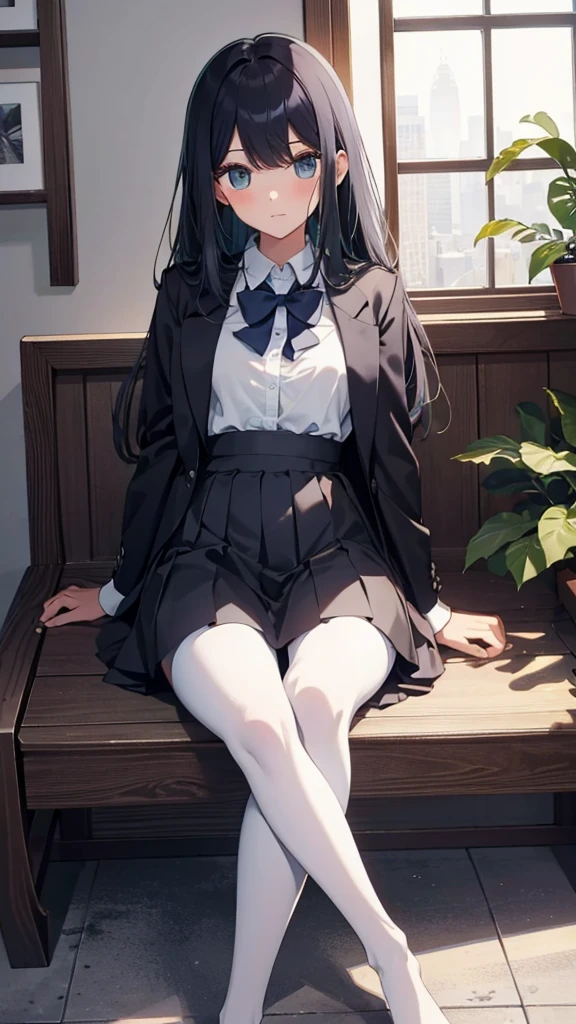 Top quality, masterpiece, High resolution, (Head to toe full body), front, frontやや下からの構図, Symmetric, Tall 18 year old girl, alone, (Head to toe), (Small breasts), bangs, (black tights), (Black Pantyhose), (Sit with your legs apart), (Crouching pose), (A composition showing white panties), (Her legs were spread、I see your white pants.), (I was made to sit on the floor with my legs spread..), (M-shaped legs), Thin legs, A very beautiful and tall 18 year old girl, (No shoes), blush, Shy big eyes, looking at the camera, Blazer Uniform, Checkered Pleated Skirt