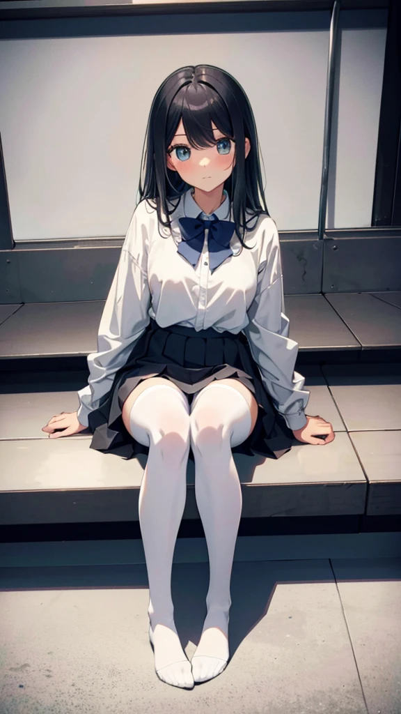 Top quality, masterpiece, High resolution, (Head to toe full body), front, frontやや下からの構図, Symmetric, Tall 18 year old girl, alone, (Head to toe), (Small breasts), bangs, (black tights), (Black Pantyhose), (Sit with your legs apart), (Crouching pose), (A composition showing white panties), (Her legs were spread、I see your white pants.), (I was made to sit on the floor with my legs spread..), (M-shaped legs), Thin legs, A very beautiful and tall 18 year old girl, (No shoes), blush, Shy big eyes, looking at the camera, Blazer Uniform, Checkered Pleated Skirt