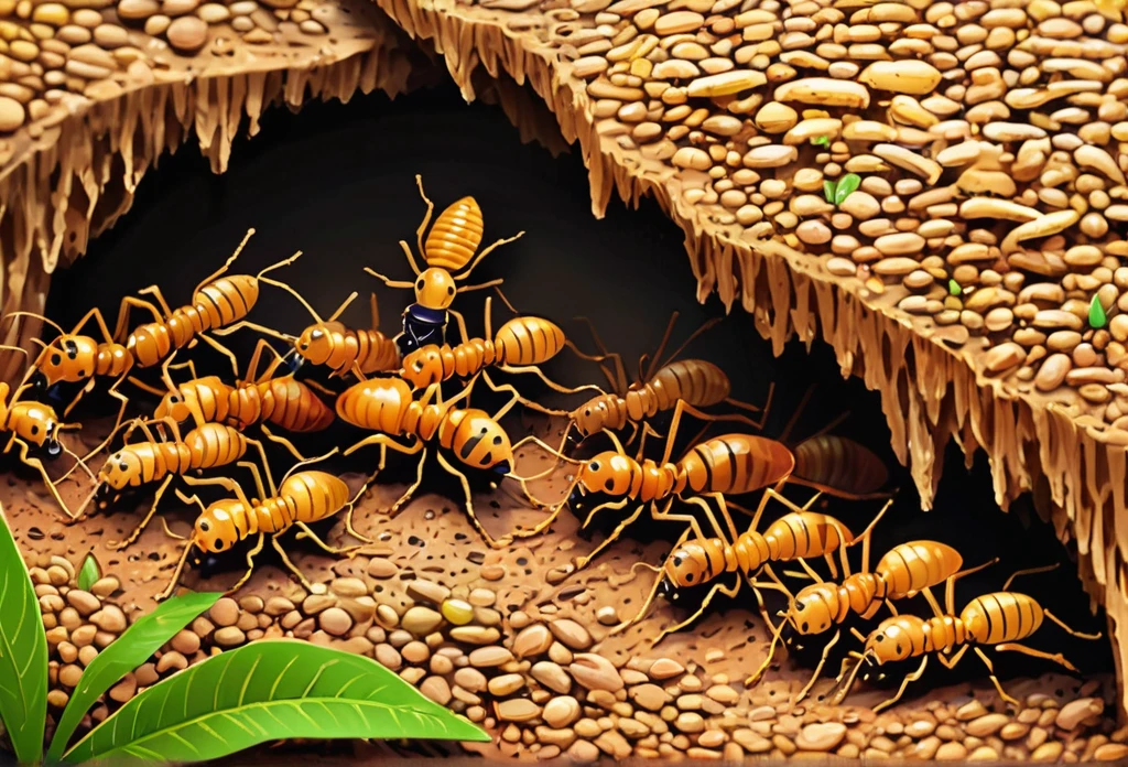 Illustrations of Termites  hill, with different termites inside carring out different tasks different views point s masterpiece best quality:1.2) delicate illustration ultra-detailed, illustrations, bright, colourful, 