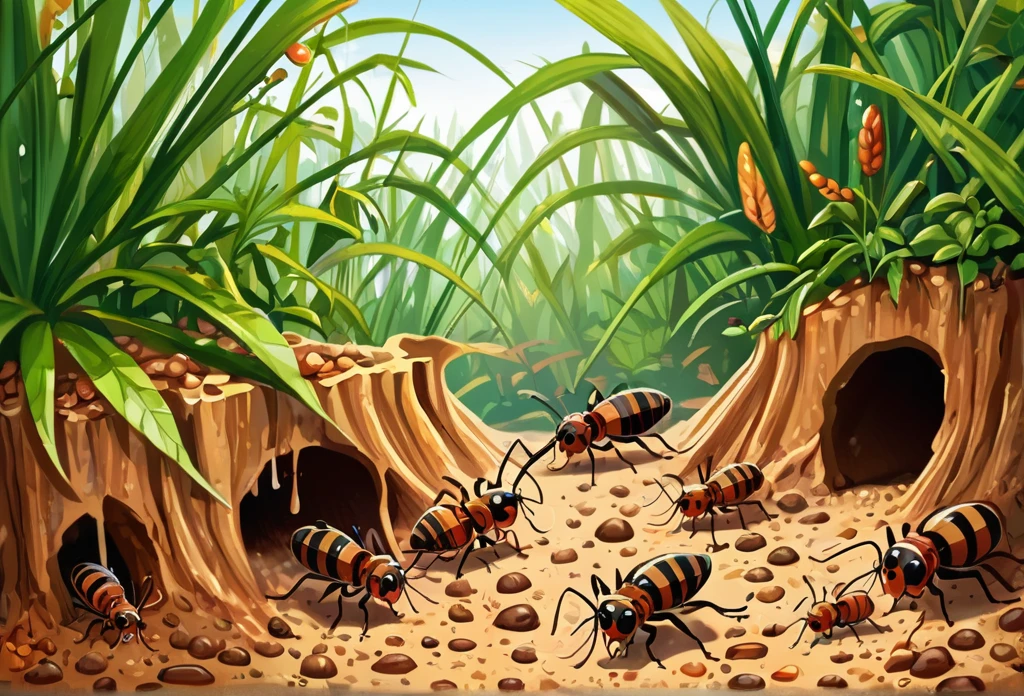 Illustrations of Termites hill, with different termites inside carring out different tasks different views point s masterpiece best quality:1.2) delicate illustration ultra-detailed, illustrations, bright, colourful,