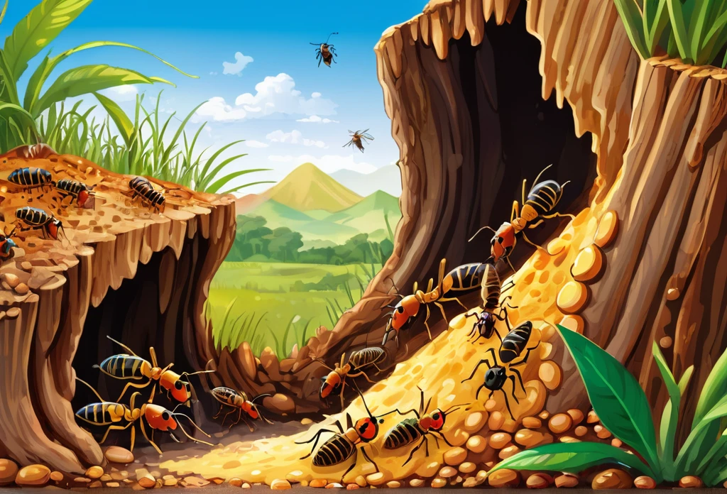 Illustrations of Termites hill, with different termites inside carring out different tasks different views point s masterpiece best quality:1.2) delicate illustration ultra-detailed, illustrations, bright, colourful,