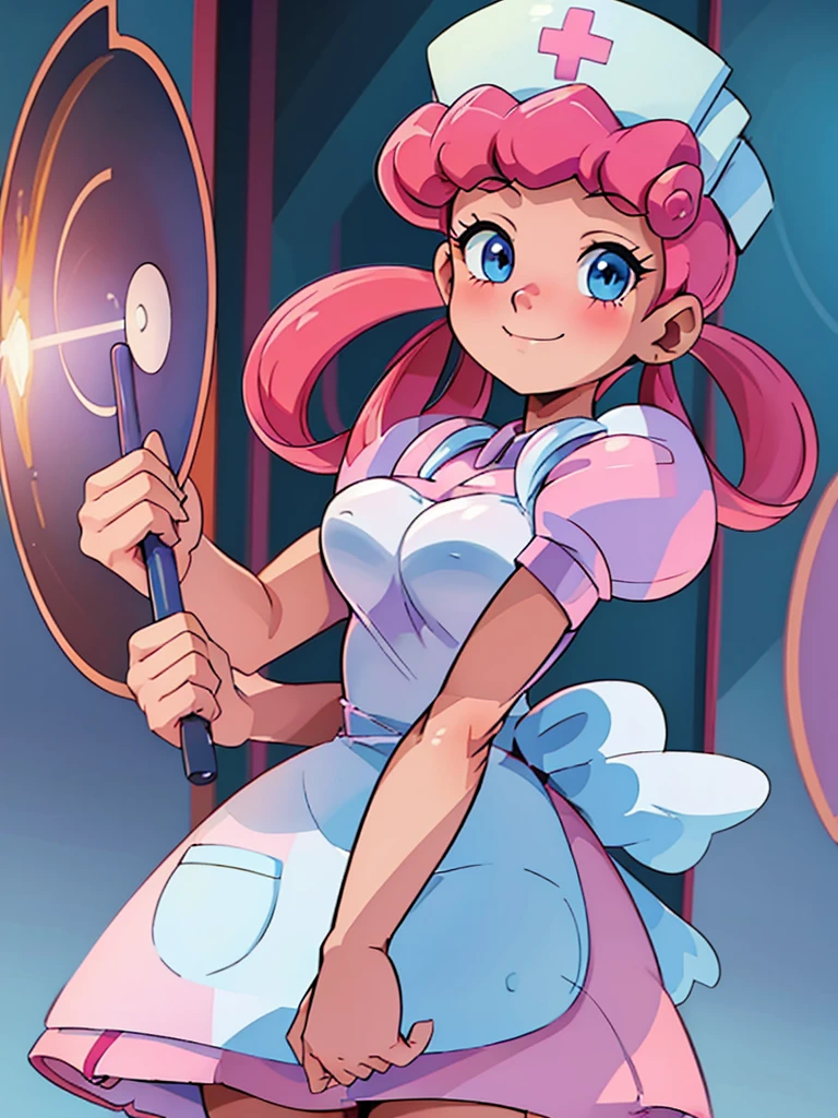 (masterpiece, best quality:1.2), nurse joy, pokemon, blue eyes, closed mouth, long hair, pink hair, short sleeves, nurse, blush, holding, puffy short sleeves, large breasts, puffy sleeves, nurse cap, 1girl, looking at viewer, smile, solo, hat, dress, apron, hair rings, clipboard