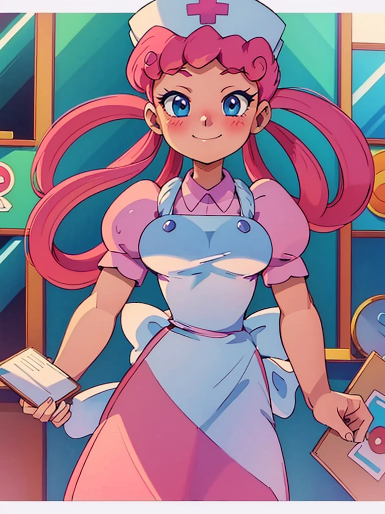 (masterpiece, best quality:1.2), nurse joy, pokemon, blue eyes, closed mouth, long hair, pink hair, short sleeves, nurse, blush, holding, puffy short sleeves, large breasts, puffy sleeves, nurse cap, 1girl, looking at viewer, smile, solo, hat, dress, apron, hair rings, clipboard