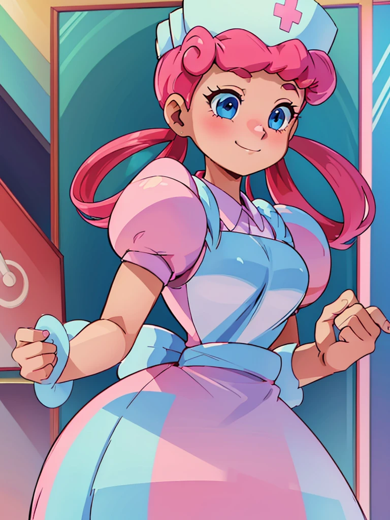 (masterpiece, best quality:1.2), nurse joy, pokemon, blue eyes, closed mouth, long hair, pink hair, short sleeves, nurse, blush, holding, puffy short sleeves, large breasts, puffy sleeves, nurse cap, 1girl, looking at viewer, smile, solo, hat, dress, apron, hair rings, clipboard