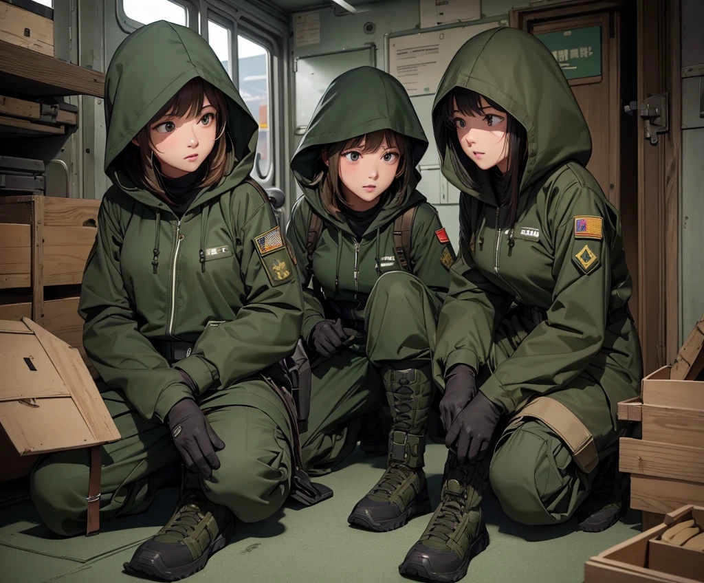 A group of female soldiers on a military ship,All wear dark green M-51 hooded military uniforms、Hooded on head、Magazine Pouch、Military Pants、Knee pads,Write details、masterpiece、best quality、Highly detailed CG、8K picture quality