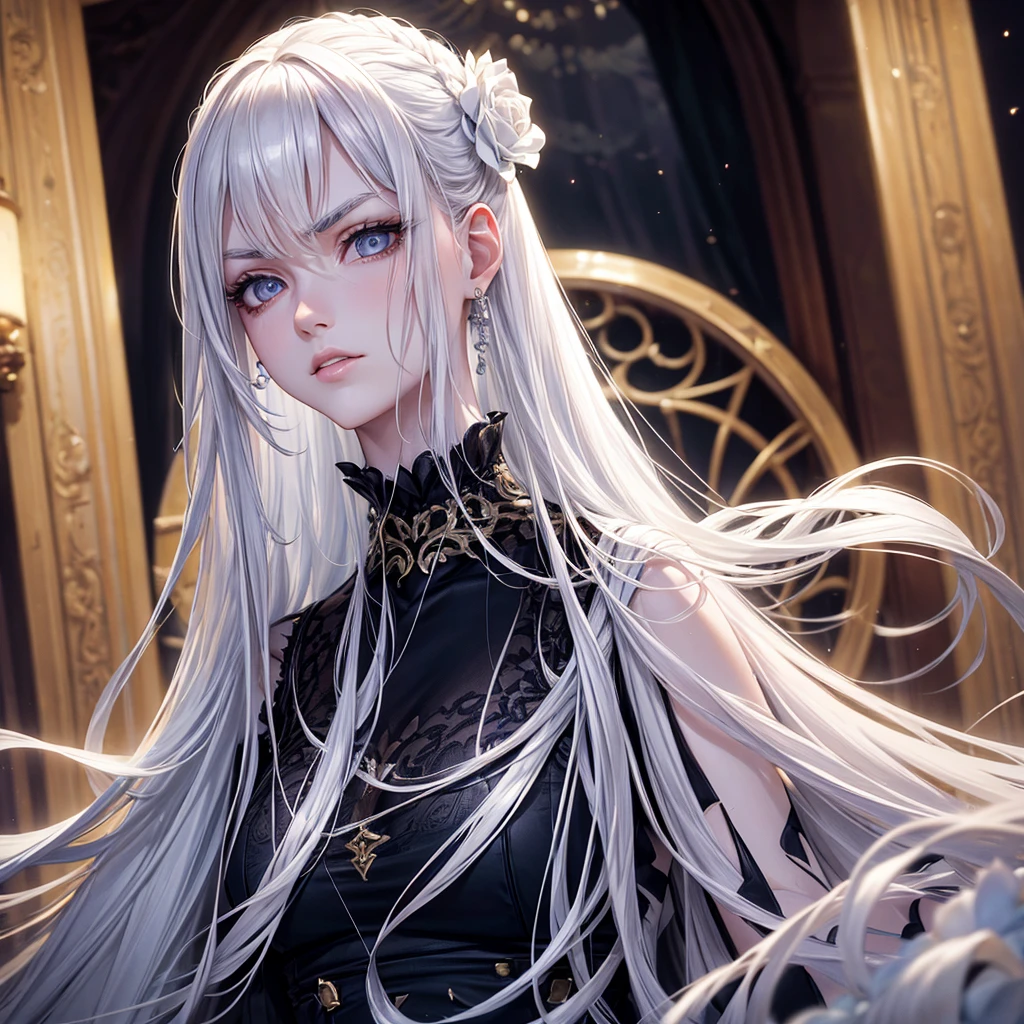 masterpiece, Highest quality, (alone focus), (Perfect Face:1.1), (Attention to detail:1.1), (Ultra-detailed eyes), dramatic, 1 person, (Pale skin), Long white hair, Psychic Eyes, (Thin eyebrows), alone, Long Hair, Tiago Azevedo, moon, night, White luxury suit, Pouting, fur, Proud look,garden, Detailed Background, Art by artgerm, Cinema Lighting, rose, fashion, Balenciaga Style