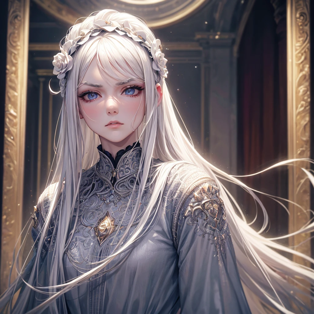 masterpiece, Highest quality, (alone focus), (Perfect Face:1.1), (Attention to detail:1.1), (Ultra-detailed eyes), dramatic, 1 person, (Pale skin), Long white hair, Psychic Eyes, (Thin eyebrows), alone, Long Hair, Tiago Azevedo, moon, night, White luxury suit, Pouting, fur, Proud look,garden, Detailed Background, Art by artgerm, Cinema Lighting, rose, fashion, Balenciaga Style