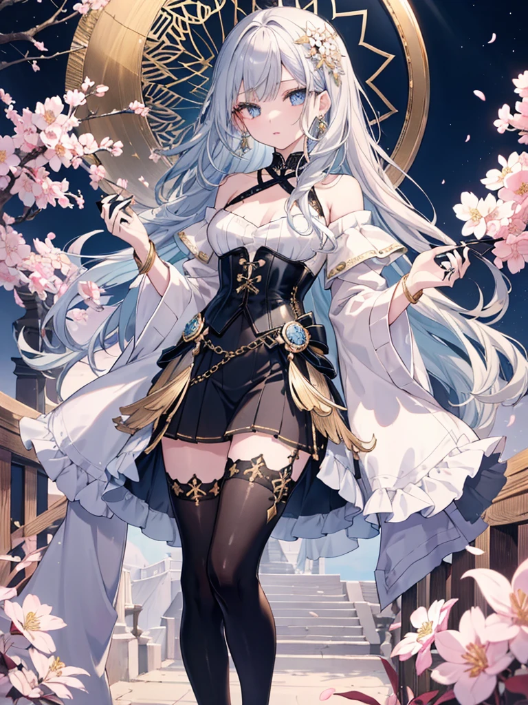 8k,High resolution RAW color art, Anime Art,Silver Marble Skin, (((Highly detailed elegant))), Detailed skin, texture,(Exquisitely crafted, The finer details, Ultra-detailed art), Depth of written boundary, Silky Touch, Hyper Detail, Cool face, eye shadow、(Highest quality:1.2, High detail, masterpiece:1.2, Best aesthetics), (1 Girl), Beautiful woman, Beautiful attention to detail, Beautiful lip detail, Highly detailed face, Delicate depiction of hair and eyes, Detailed Fashion, Blue sparkling eyes, Earrings, Slightly larger breasts,Full body depiction, ,Focus on the user、Stylish white off-shoulder pants、Black above the knee corset skirt、Tights up to the knee、Thighs、Golden decoration, Black nails, Gray Hair, Golden bracelet, Long Straight Hair, Light blue outer color、Hair、sweater、Cherry Blossoms at Night（Fewer floweroonlight、Small skin area
