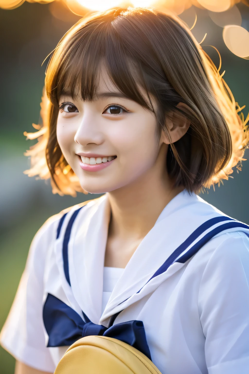 masterpiece,Highest quality,Official Art,Japan Female Students,,Very delicate and beautiful,Ultra-high resolution,(Realistically:1.4),Golden Hour Lighting,(Platinum Short Hair:0.8),Tear bags、View your viewers,Look forward,smile,(White shirt、Sailor 、Long pleated skirt in navy blue:1.2),Beauty、 (Cute face like a Japanese idol:1.2), (Face close-up:1.2)