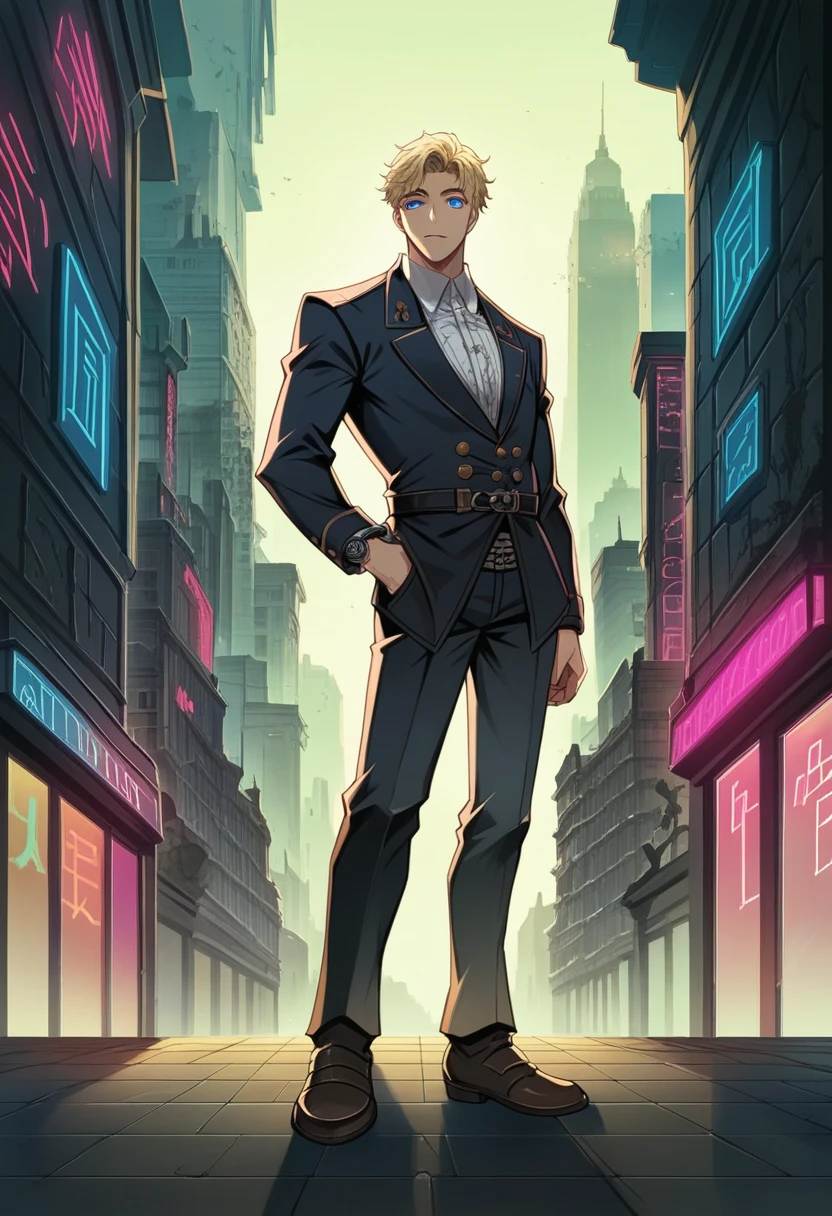 An elegant man with an athletic physique. His blonde hair is perfectly styled and combed back. He has sharp, aristocratic facial features and piercing blue eyes. His immaculate suit is tailor-made, mostly in dark colors like black or navy blue, and he wears an expensive watch and polished leather shoes. His demeanor is confident and controlled. backdrop: World of Darkness, dark urban fantasy, natta, City, City, neon lights, nattaleben, Vampire.. backdrop: World of Darkness, dark urban fantasy, natta, City, City, neon lights, nattaleben, Vampire. highest quality, muito detalhado, This character embodies a finely crafted western ranger in fantasy realism style in anime style, exquisite and mature manga art style, porcelain skin, perfect skin, perfect eyes, High Resolution, best quality, highres, Ultra-detail, Finest painting, extremely sensitive, Specialist, anatomically correct, symmetrical face, extremely detailed eyes and face, High quality eyes, creativity, RAW-Foto, uhd, 32k, natural light, cinematic lighting, masterpiece-anatomy-perfect, masterpiece:1.5