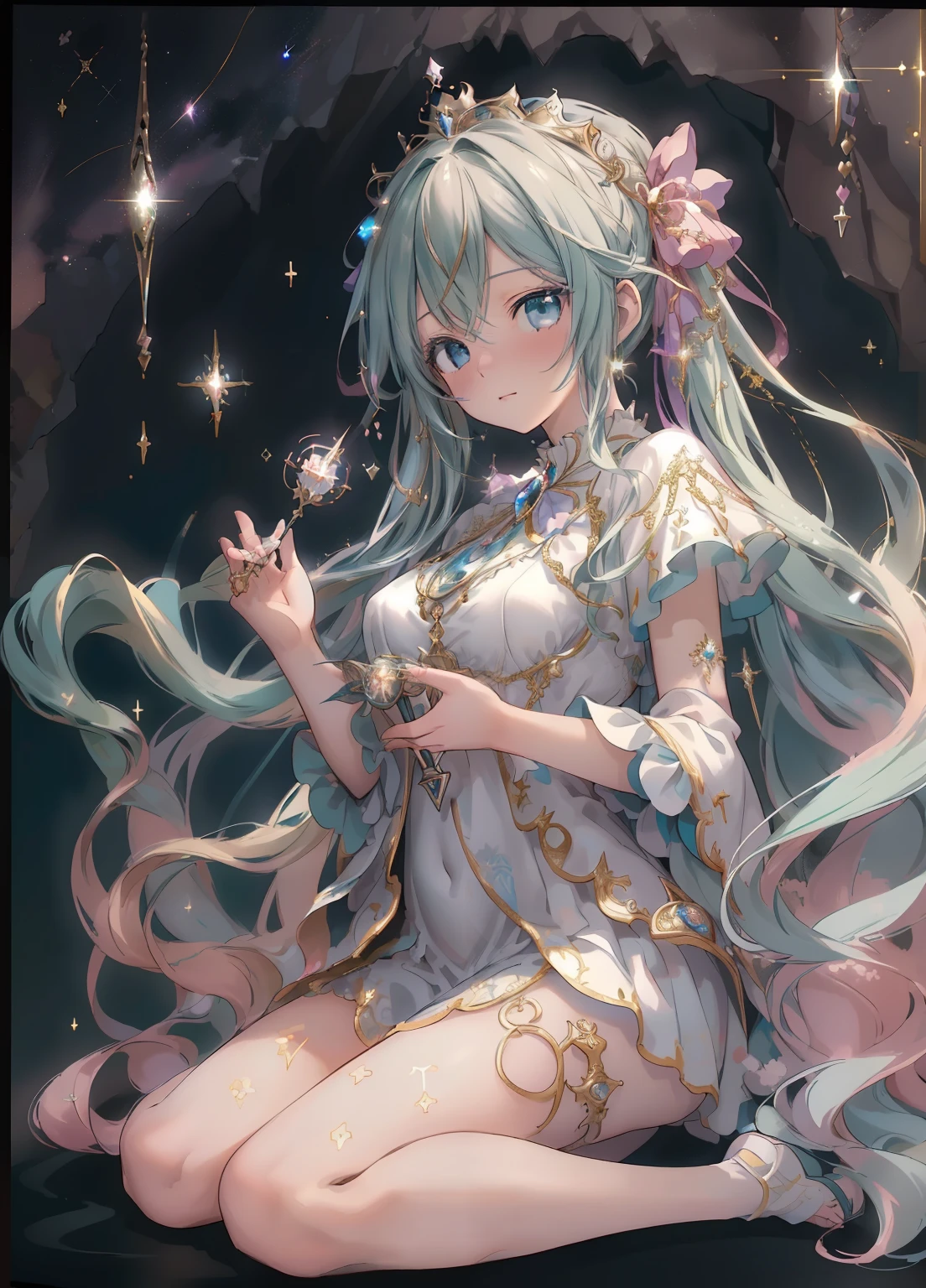 (masterpiece、Highest quality、Highest quality、Official Art、Beautiful and beautiful:1.2)、(One girl:1.3)Hatsune Miku、Twin tails,Beautiful breasts,Tarot Cards,Tarot full border,(Best image quality),(Very detailed explanation),One girl,Crown on head,Dressed in ancient fairy costume,holding a scepter in hand,(Full Body Lesbian),(Very perfect body),(Highly detailed and flawless facial depiction),青いstar空,(Very large moon close up),star(Sparkling),clothing(Glittering), (画像はTarot Cards風の枠で囲まれている:1.5),(masterpiece),(Great results),(8k wallpaper),myth,Fantasy Theme,Surreal Realism,Realistically,(Tangleた,Datura stramonium,Tangle,Intertwined),Holy Rays,Gold foil,Gold leaf art,Sparklingの絵