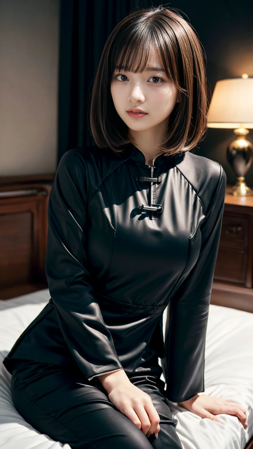 (absurdres:1.3), (highres:1.3), (ultra detailed:1.3),(1girl:1.3), (extremely detailed CG unity 8k wallpaper:1.3), (detailed skin texture, detailed cloth texture, detailed hair texture), (beautiful detailed face, supermodel, pale skin, realistic glistening skin), (RAW photo, best quality), (realistic, photo-realistic:1.4), masterpiece, extremely delicate and beautiful,Amazing, finely detail, extremely detailed CG unity 8k wallpaper, huge filesize, ultra-detailed, highres, absurdres, soft light,rim light, vibrant details, hotel room, short bob hair, black hair color, Big Natural Color Lip, (perfect body shape), beautiful legs, BREAK (black theme:1.5), (fusion of black ao dai tops and black chinese tunic suit:1.4), (long sleeve:1.3), (black matte fabric:1.3), (black pants:1.4), (ankle skin:1.3), (black pumps:1.1),
crying a little、little smile, Harajuku style、20 year old girl、cute type、lolita、open legs