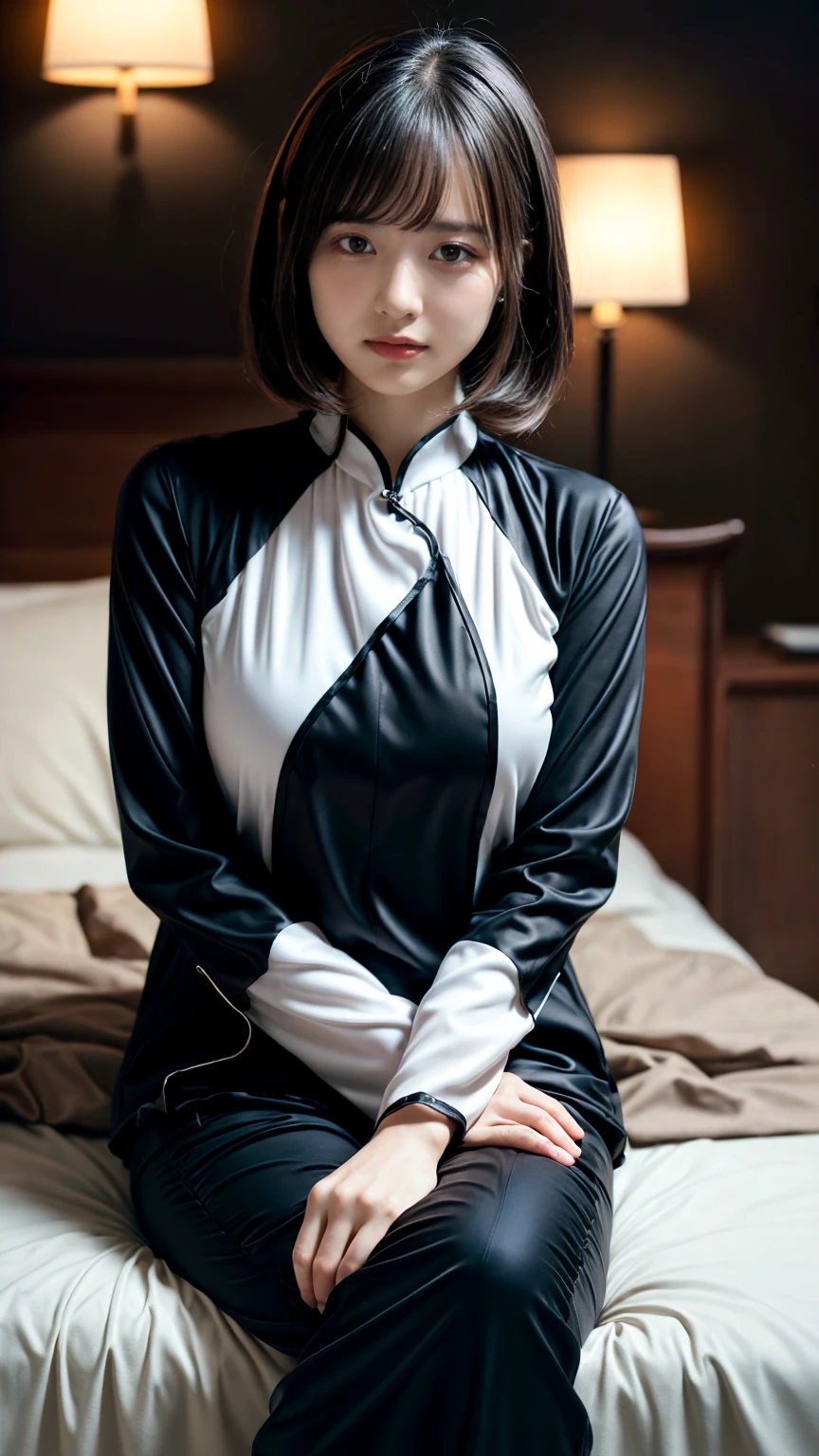 (absurdres:1.3), (highres:1.3), (ultra detailed:1.3),(1girl:1.3), (extremely detailed CG unity 8k wallpaper:1.3), (detailed skin texture, detailed cloth texture, detailed hair texture), (beautiful detailed face, supermodel, pale skin, realistic glistening skin), (RAW photo, best quality), (realistic, photo-realistic:1.4), masterpiece, extremely delicate and beautiful,Amazing, finely detail, extremely detailed CG unity 8k wallpaper, huge filesize, ultra-detailed, highres, absurdres, soft light,rim light, vibrant details, hotel room, short bob hair, black hair color, Big Natural Color Lip, (perfect body shape), beautiful legs, BREAK (black theme:1.5), (fusion of black ao dai tops and black chinese tunic suit:1.4), (long sleeve:1.3), (black matte fabric:1.3), (black pants:1.4), (ankle skin:1.3), (black pumps:1.1),
crying a little、little smile, Harajuku style、20 year old girl、cute type、ta、open legs