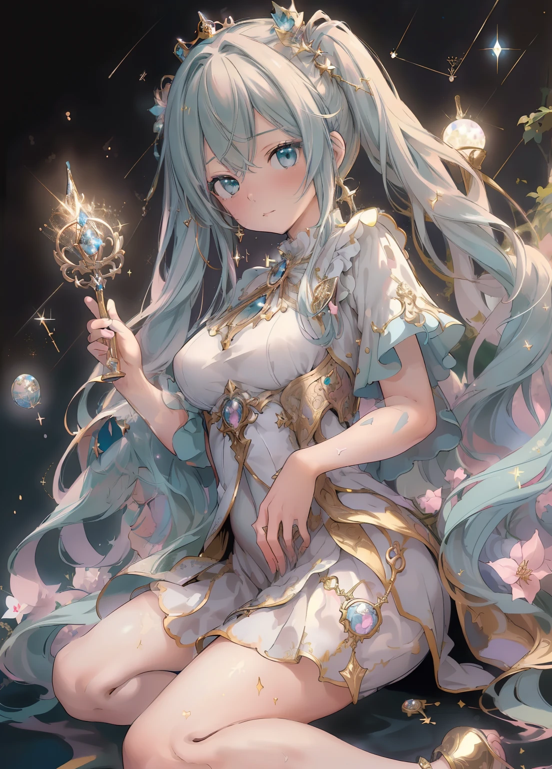 (masterpiece、Highest quality、Highest quality、Official Art、Beautiful and beautiful:1.2)、(One girl:1.3)Hatsune Miku、Twin tails,Beautiful breasts,Tarot Cards，Tarot full border，（Best image quality），（Very detailed explanation），One girl，Crown on head，Dressed in ancient fairy costume，holding a scepter in hand，（Full Body Lesbian），（Very perfect body），（Highly detailed and flawless facial depiction），青いstar空，（Very large moon close up），star（Sparkling），clothing（Glittering）， (画像はTarot Cards風の枠で囲まれている:1.5)，（masterpiece），（Great results），（8k wallpaper），myth，Fantasy Theme，Surreal Realism，Realistically，（Tangleた，Datura stramonium，Tangle，Intertwined），Holy Rays，Gold foil，Gold leaf art，Sparklingの絵