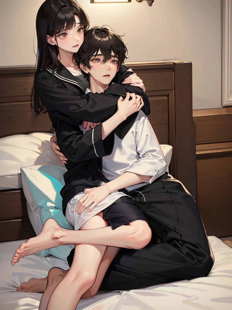 college student couple、Lovers、black hair girl、cute、droopy eyes、hug、tall man、Handsome guy、detailed face、バックhug、pajamas, A woman sits on a man's lap