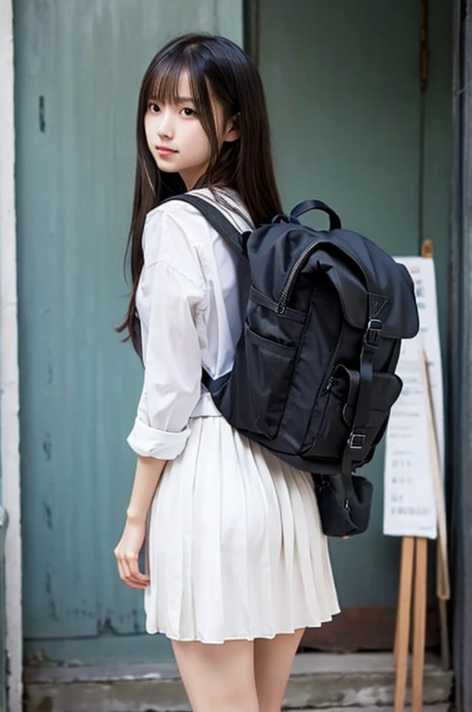 high school girl、Long Straight Hair、White dress shirt、Pleated skirt、Back view、back、Carrying a backpack