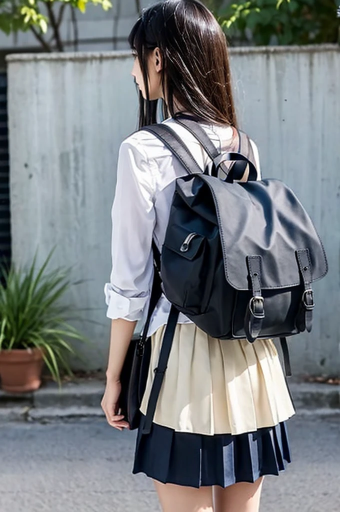 high school girl、Long Straight Hair、White dress shirt、Pleated skirt、Back view、back、Carrying a backpack