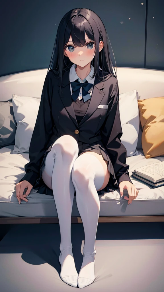 Top quality, masterpiece, High resolution, (Head to toe full body), front, frontやや下からの構図, Symmetric, Tall 18 year old girl, alone, (Head to toe), (Small breasts), bangs, (black tights), (Black Pantyhose), (Sit with your legs apart), (Crouching pose), (A composition showing white panties), (Her legs were spread、I see your white pants.), (I was made to sit on the floor with my legs spread..), (M-shaped legs), Thin legs, A very beautiful and tall 18 year old girl, (No shoes), blush, Shy big eyes, looking at the camera, Blazer Uniform, Checkered Pleated Skirt