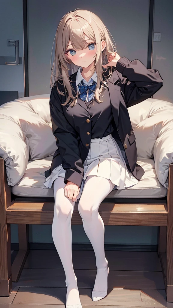 Top quality, masterpiece, High resolution, (Head to toe full body), front, frontやや下からの構図, Symmetric, Tall 18 year old girl, alone, (Head to toe), (Small breasts), bangs, (black tights), (Black Pantyhose), (Sit with your legs apart), (Crouching pose), (A composition showing white panties), (Her legs were spread、I see your white pants.), (I was made to sit on the floor with my legs spread..), (M-shaped legs), Thin legs, A very beautiful and tall 18 year old girl, (No shoes), blush, Shy big eyes, looking at the camera, Blazer Uniform, Checkered Pleated Skirt