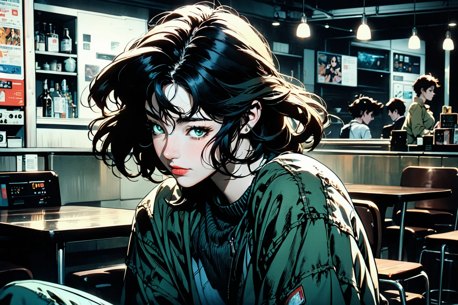 Anime-style image of a woman wearing a green shirt sitting in a restaurant, Then Martin, Then Martin artwork portrait, Molly the Neuromancer, beautiful female neuromancer, Cyberpunk anime girl in a hoodie, By Jose Comas Quesada, High quality artwork, Impressively detailed art style, 小説Molly the Neuromancer, Amazing digital illustrations