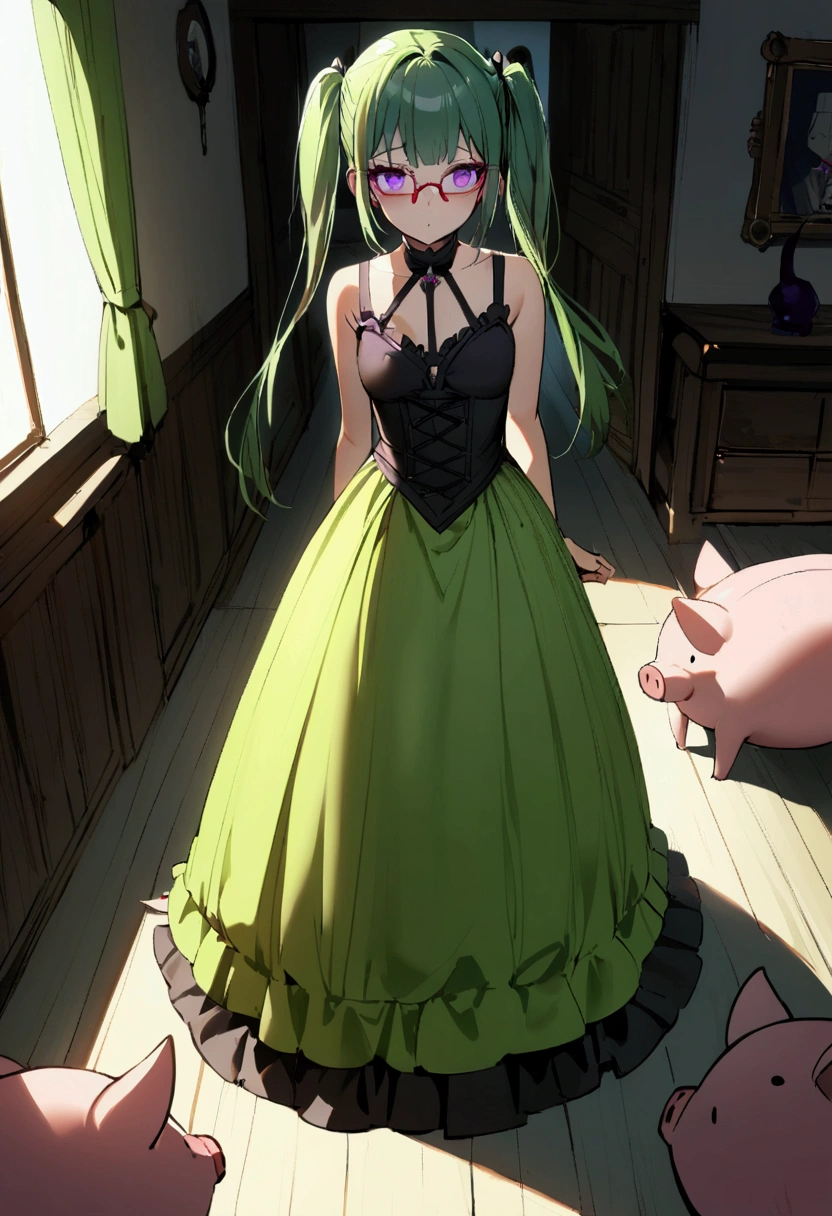 1girl with long ((lime green)) hair, two pig tails, need glasses, slender body, small breasts, Gothic dress, standing, upper POV, purple eyes, living room, fear, sir on floor