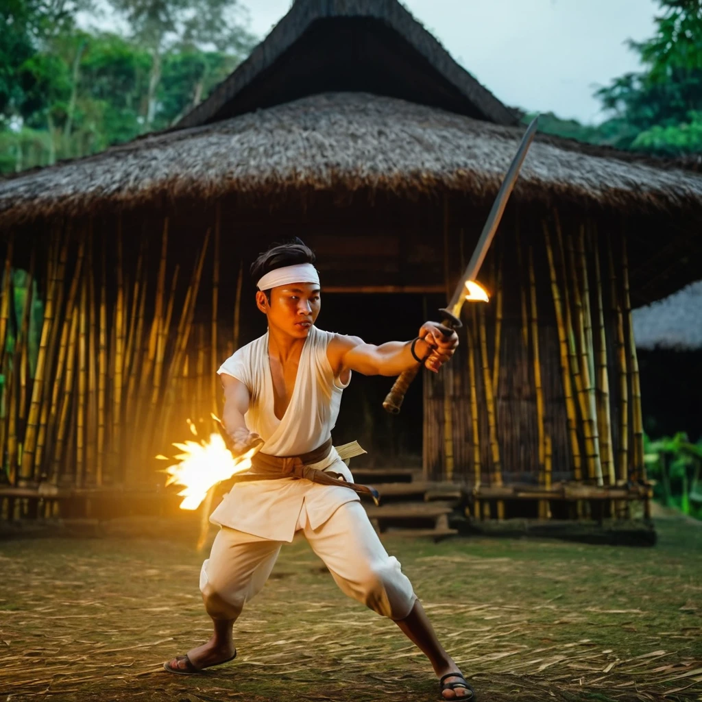 shot from the front, a small candle burning on a piece of wood, facing the camera. a young warrior from Indonesia who wears a white cloth vest and headband. swinging the sword from the side at high speed towards the fire. hit the target so that the fire was cut into two parts. background of a wooden house with a large yard, bamboo trees and hills. bright lighting from the front. cgi effects. epic