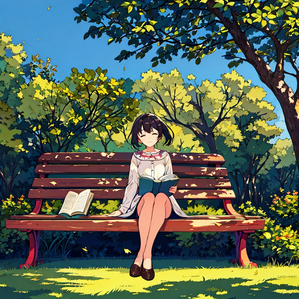 Summer A woman is sitting on a bench Sunlight through the trees Simple Nostalgic Reading a book