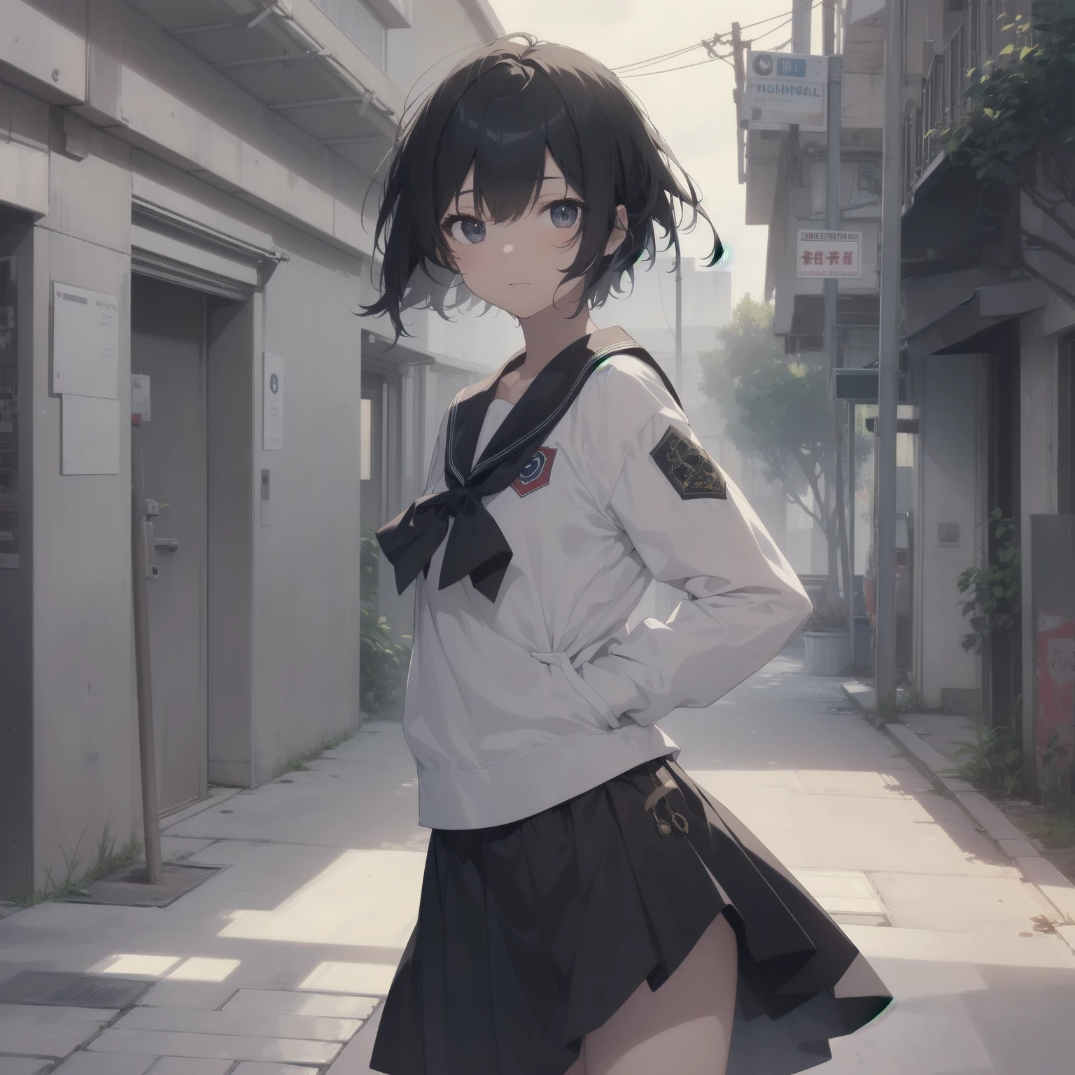 ultra-absurdres-Top quality by artist God, ultra-detailed, high resolution, anime moe artstyle, best anime 8k konachan wallpaper, pixiv contest winner, pool:2810, perfect anatomy,break, 1girl, (Please draw a girl walking sleepily to school alone. )break,(Solo,little female, 13-year-old:1.3),Full limbs, complete fingers,a junior high school student, (very short hair), short cut, flat chest, , small butt, small black eyes, beautiful detailed eyes, well-proportioned iris and pupils, expressive eyes, highres detailed hair, soft expression, salor school_uniform, sailor collar, serahuku, bow, pleated skirt,(Detailed Lighting), (Detailed background), in the School commute route. break,super detailed skin, Best cinematic lighting powered by famous artist, 8k,beauty illustration,photoshop_(medium),very aesthetic,break,((artist:beni_shake )), artist:clamp ,artist:carnelian ,artist:kantoku ,