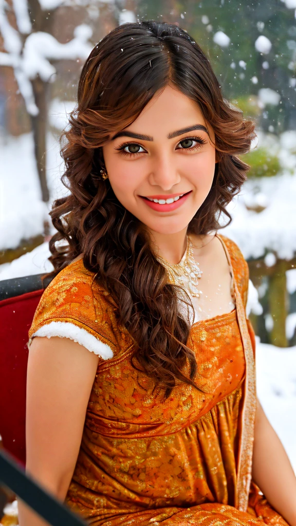 Young Indian mixed race Malagasy woman, shy and charming, long black hair, slightly curly, beautiful eyes and eyebrows, 22 years old, oval and natural face, innocent, made up, curly hair, average height body with immense curve extremely beautiful and perfectly fitted, very beautiful body of 1.85m, student, looks at the laptop screen, in an office. His smile radiates warmth and his eyes sparkle with joy. The snow falls gently around it, creating a magical and serene atmosphere.

The image should be captured in high quality, high resolution, with extremely detailed background. The woman's skin should have pores and imperfections, which adds to the realism and authenticity of the photo.

The lighting should be soft and flattering, highlighting the beauty of the woman and the snowy landscape.

The photo should have a cinematic feel, with a sense of depth, dimension and composition.

The general mood of the photo should evoke tranquility, serenity and beauty.