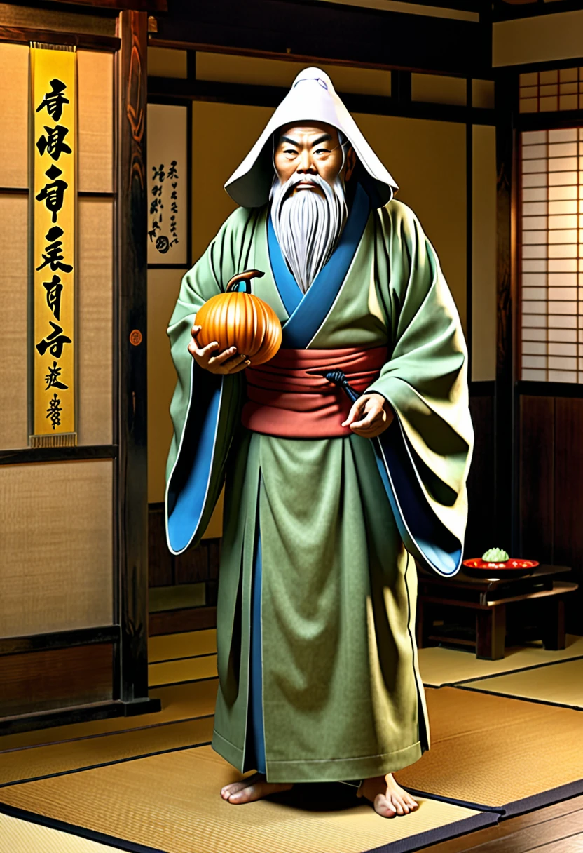 Create a realistic and lifelike image of the Japanese yokai "Nurarihyon." Ensure that the image is highly detailed and captures the essence of Nurarihyon as described in traditional folklore. Nurarihyon should be depicted as an elderly man with a long, flowing robe, a distinctive gourd-shaped head, and an air of mysterious wisdom. He often sneaks into homes and acts as if he were the master of the house. The background can be a traditional Japanese setting, such as an old-style Japanese room or a dimly lit alley, enhancing the eerie and mystical atmosphere. The image should be in a 9:16 aspect ratio.
Variables:
Feature Parameters: Traditional folklore characteristics of Nurarihyon.
Resolution: High resolution suitable for detailed close-up views.
Number of Images: 1
Please generate the image based on these parameters.
