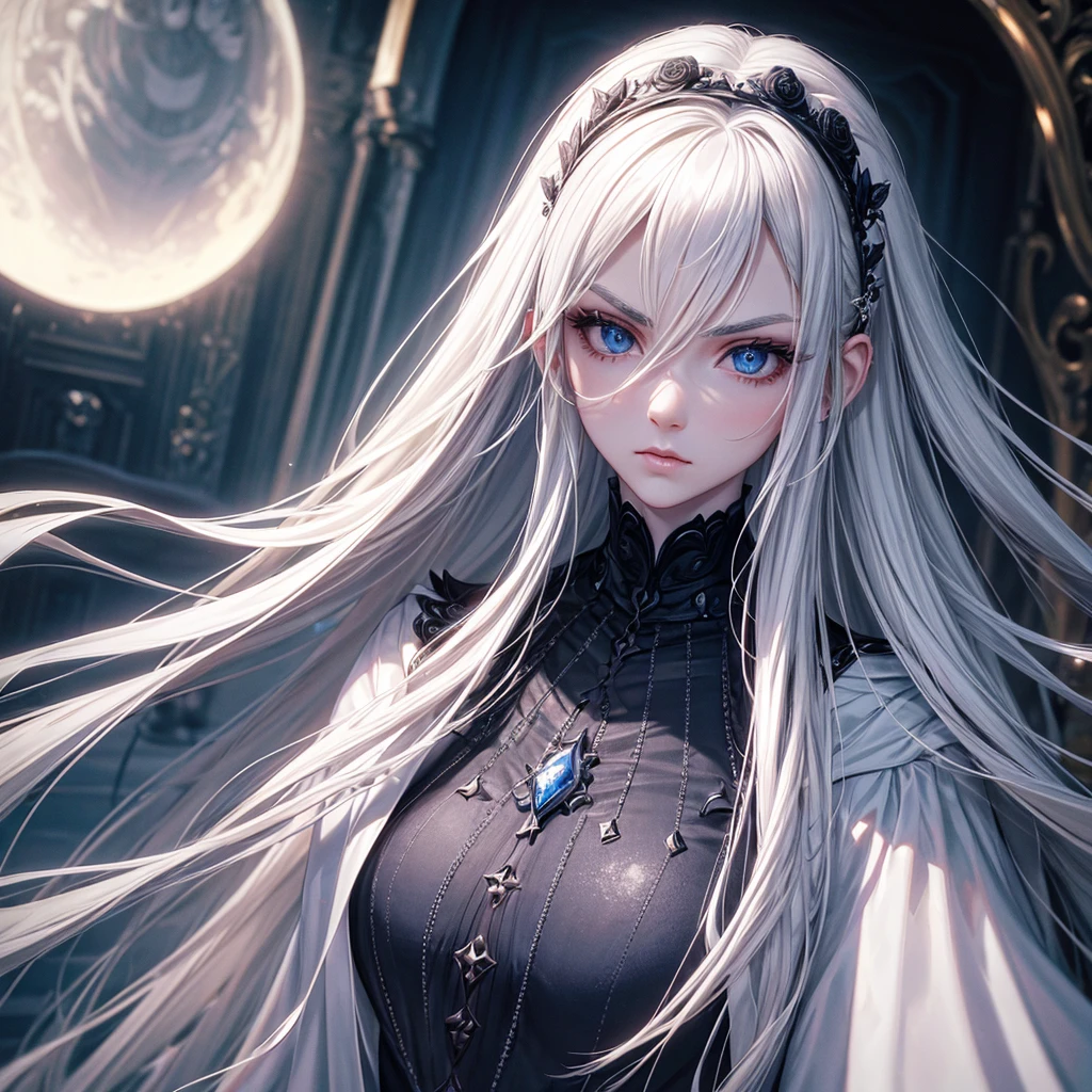 masterpiece, Highest quality, (alone focus), (Perfect Face:1.1), (Attention to detail:1.1), (Ultra-detailed eyes), dramatic, 1 person, (Pale skin), Long white hair, Psychic Eyes, (Thin eyebrows), alone, Long Hair, Tiago Azevedo, moon, night, White luxury suit, Pouting, fur, Proud look,garden, Detailed Background, Art by artgerm, Cinema Lighting, rose, fashion, Balenciaga Style