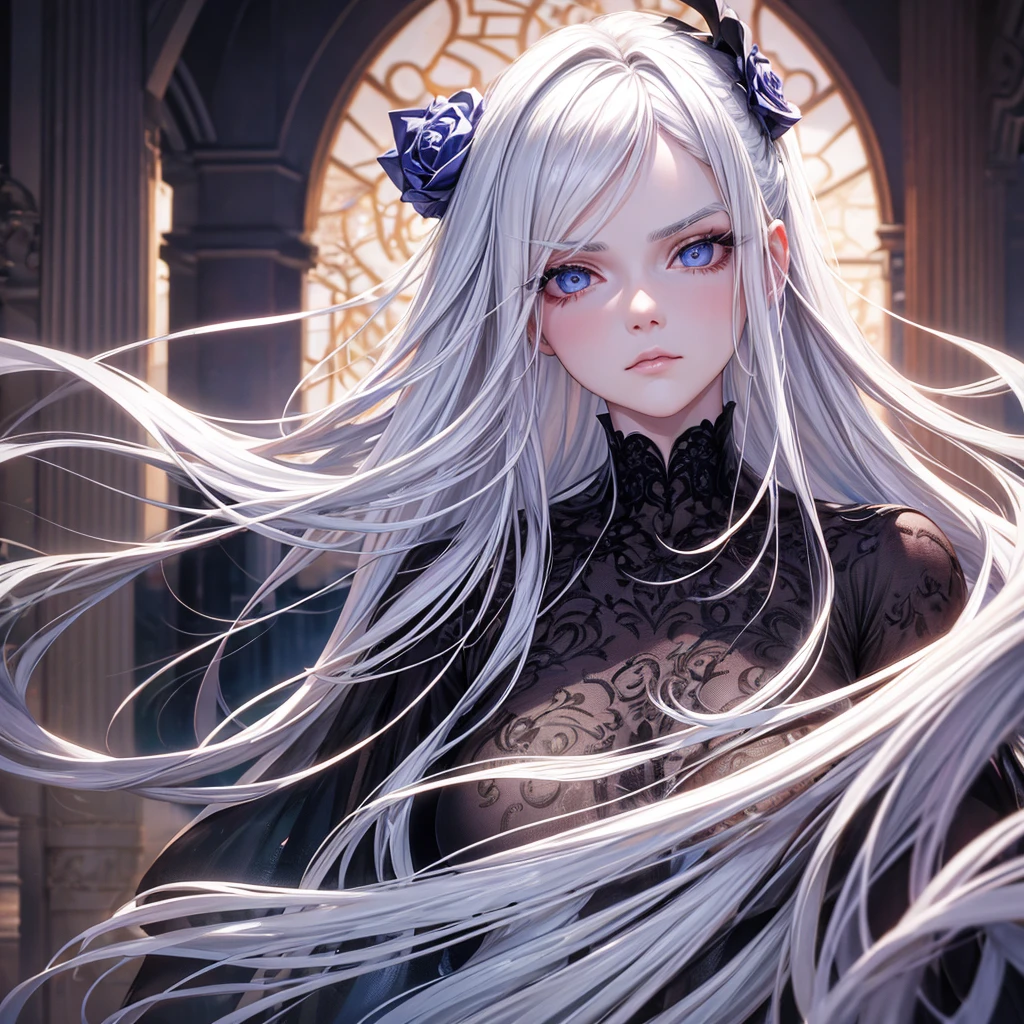 masterpiece, Highest quality, (alone focus), (Perfect Face:1.1), (Attention to detail:1.1), (Ultra-detailed eyes), dramatic, 1 person, (Pale skin), Long white hair, Psychic Eyes, (Thin eyebrows), alone, Long Hair, Tiago Azevedo, moon, night, White luxury suit, Pouting, fur, Proud look,garden, Detailed Background, Art by artgerm, Cinema Lighting, rose, fashion, Balenciaga Style