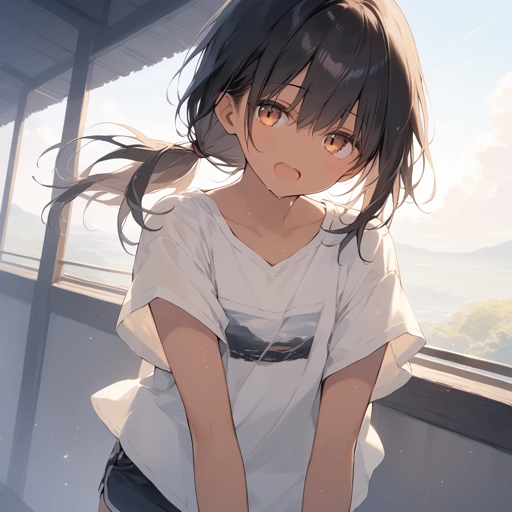 score_9, score_8_up, score_7_up, source_anime, best quality, masterpiece, official art, absurdres, highres, ultra-detailed,waifu2x,Collection: Slice of Life,break,1girl, tomboy, dark-skinned female, short hair, low ponytail, flat chest, beautiful detailed eyes, short shorts, sweat, open mouth, (yawn:0.3), sleepily, outdoors, wind,break,(clear line illustration:1.2), super detailed skin,very high resolution, very aesthetic, Best sexual lighting powered by famous artist, 8k,cute picture,beauty illustration,photoshop_(medium),,(Detailed Lighting),best anime 8k konachan wallpaper, pixiv contest winner,