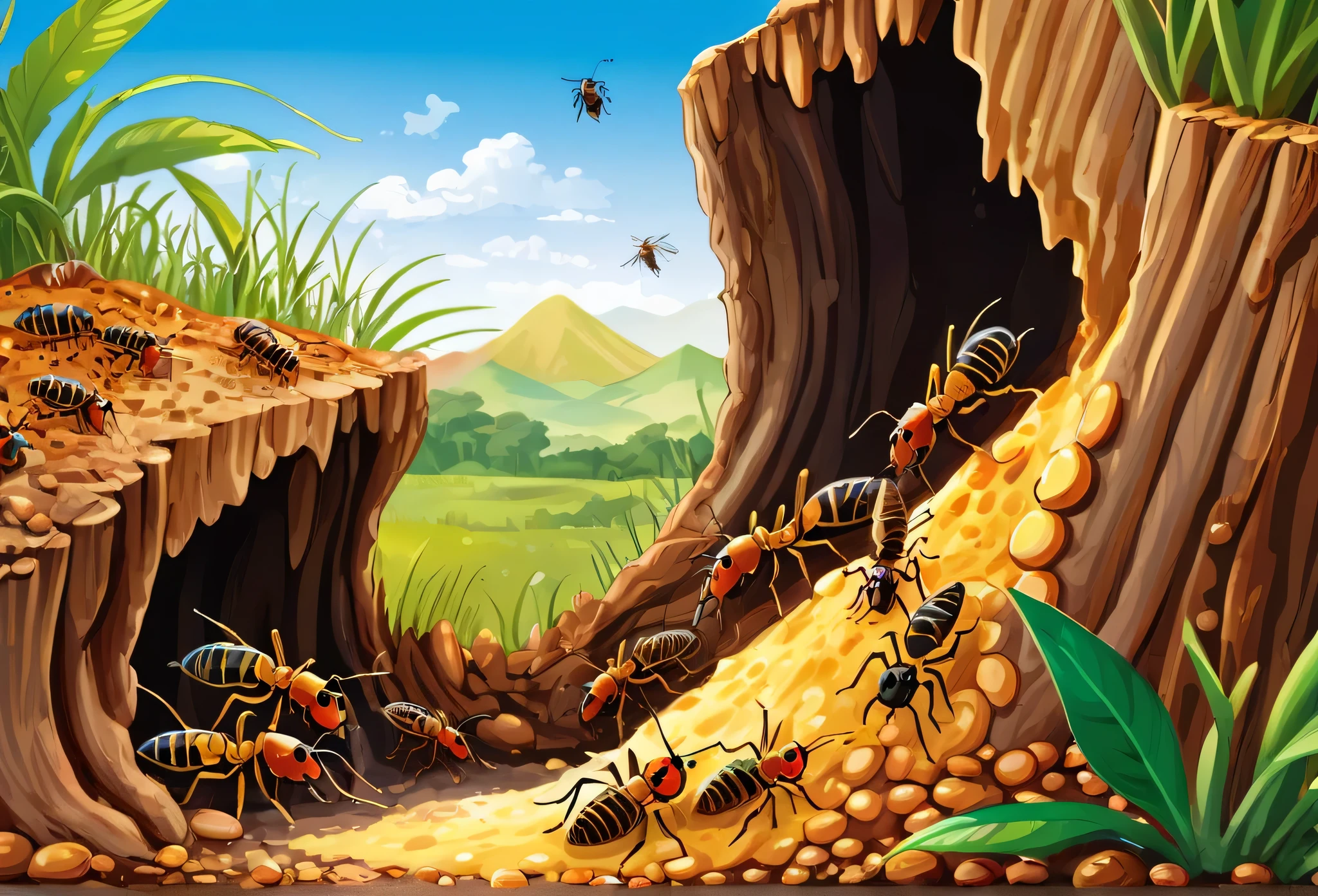 Illustrations of Termites  hill, with different termites inside carring out different tasks different views point s masterpiece best quality:1.2) delicate illustration ultra-detailed, illustrations, bright, colourful, 