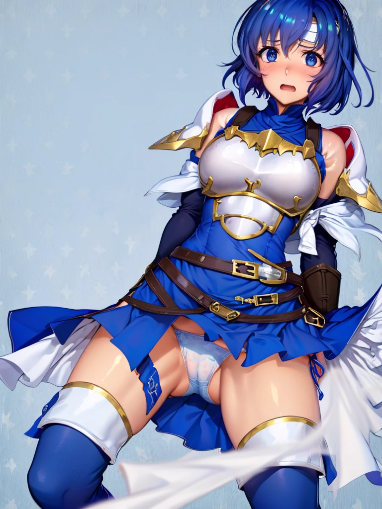 (White background:1.2),1girl,BREAK,Blue Hair, short hair, blue eyes, cute, Narrow waist, small, Toned Up, Large Breasts, Bare shoulders, Red neckerchief, Blue elbow gloves, Blue fingerless gloves, Pauldrons, belt, breastplate, White headband, Short dress, Dress slit, Blue tight boots, Blue long boots, Pegasus Knight Uniform (Fire emblem), low length,blush,Scared,distress,Open your mouth,(Her skirt is lifted up and her panties are visible,Blue panties:1.3)