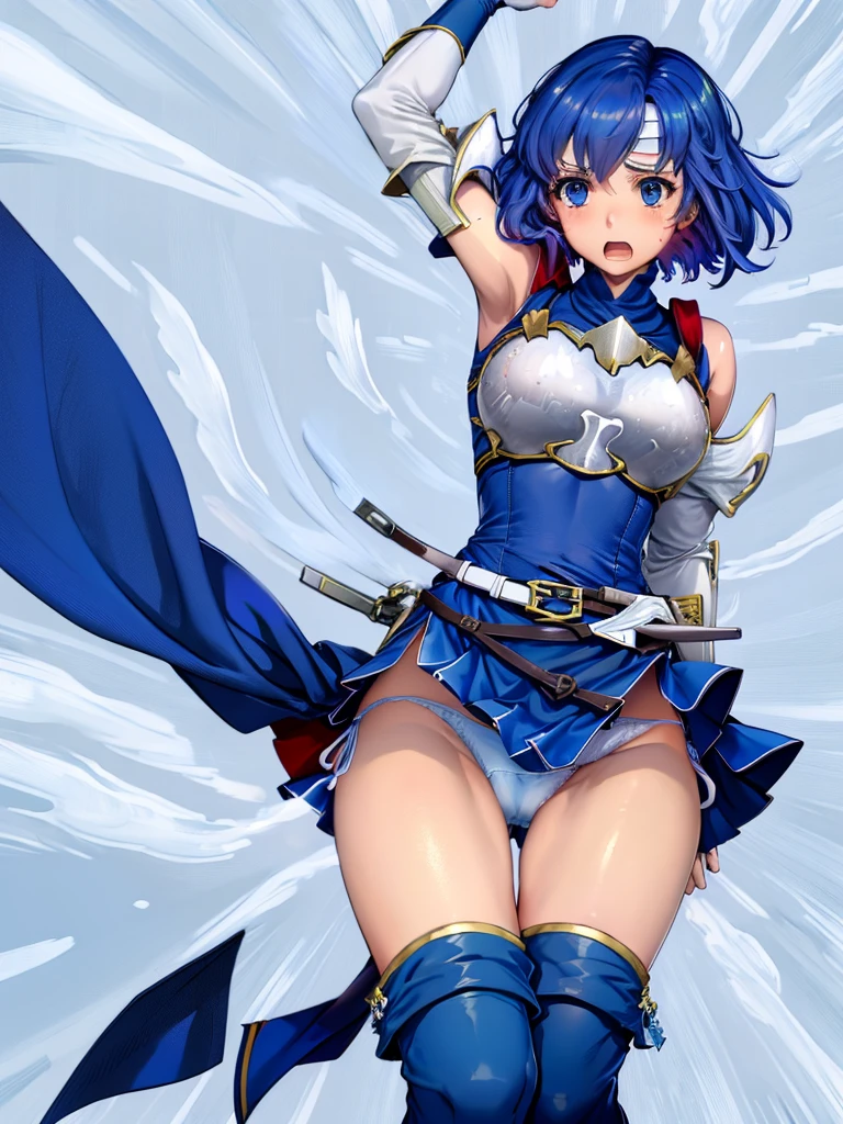 (White background:1.2),1girl,BREAK,Blue Hair, short hair, blue eyes, cute, Narrow waist, small, Toned Up, Large Breasts, Bare shoulders, Red neckerchief, Blue elbow gloves, Blue fingerless gloves, Pauldrons, belt, breastplate, White headband, Short dress, Dress slit, Blue tight boots, Blue long boots, Pegasus Knight Uniform (Fire emblem), low length,blush,Scared,distress,Open your mouth,(Her skirt is lifted up and her panties are visible,Blue panties:1.3)