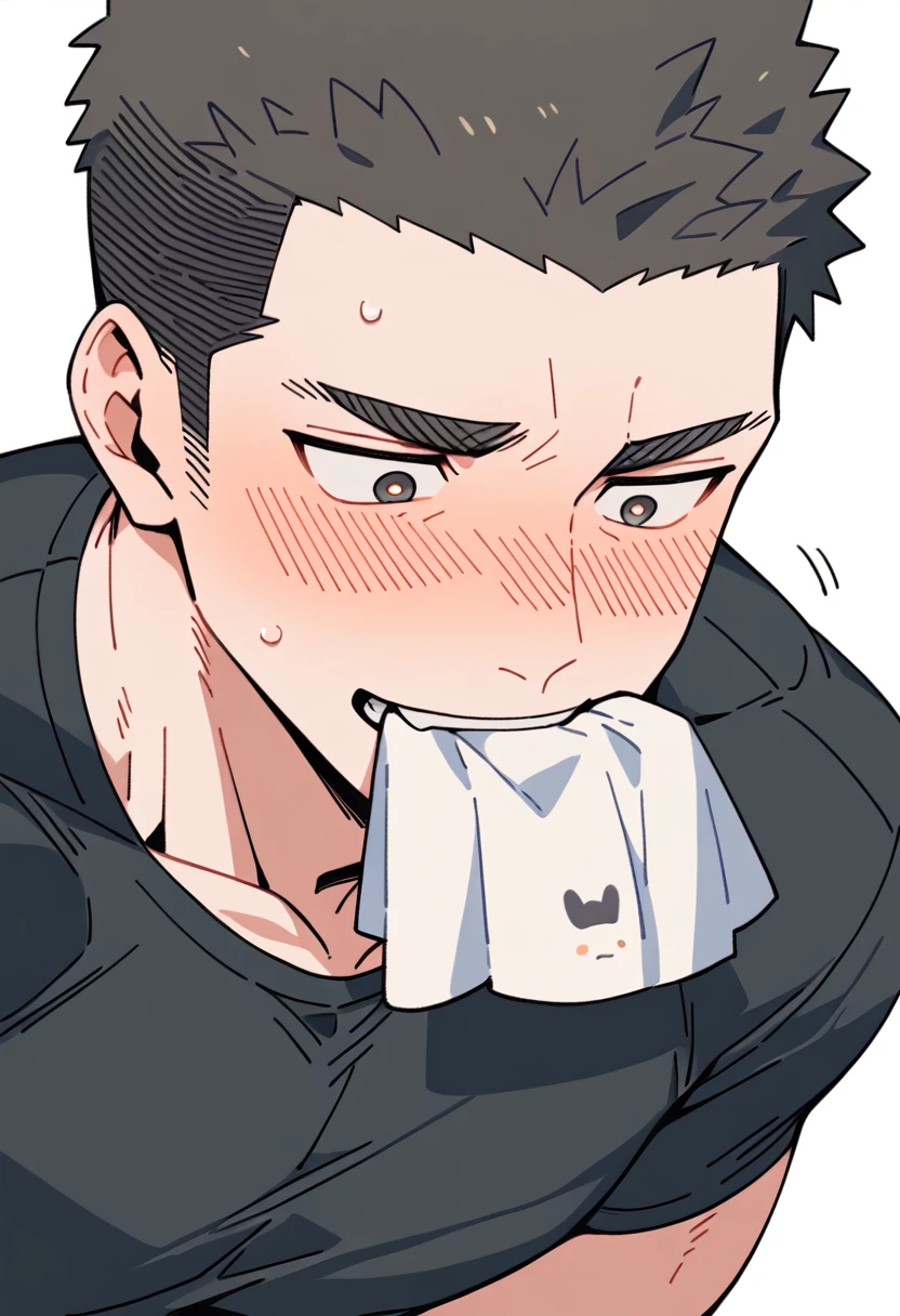 anime characters:Priapus, Muscle Sports Student, Buzz Cut, Manliness, male focus, Dark black tight T-shirt, Very tight, Sweat soaks clothes, full and perky chest muscles, muscular male, muscular, only, Upper body, alone, Black short hair, Thick eyebrows, stubble, Brown-red pupils, White background, simple background, amazing quality, best aesthetics, Ridiculous, crew cut, blush, mouth hold, Biting a white cotton towel in the mouth, embarrassed, shy, endured face, negative space, best quality
