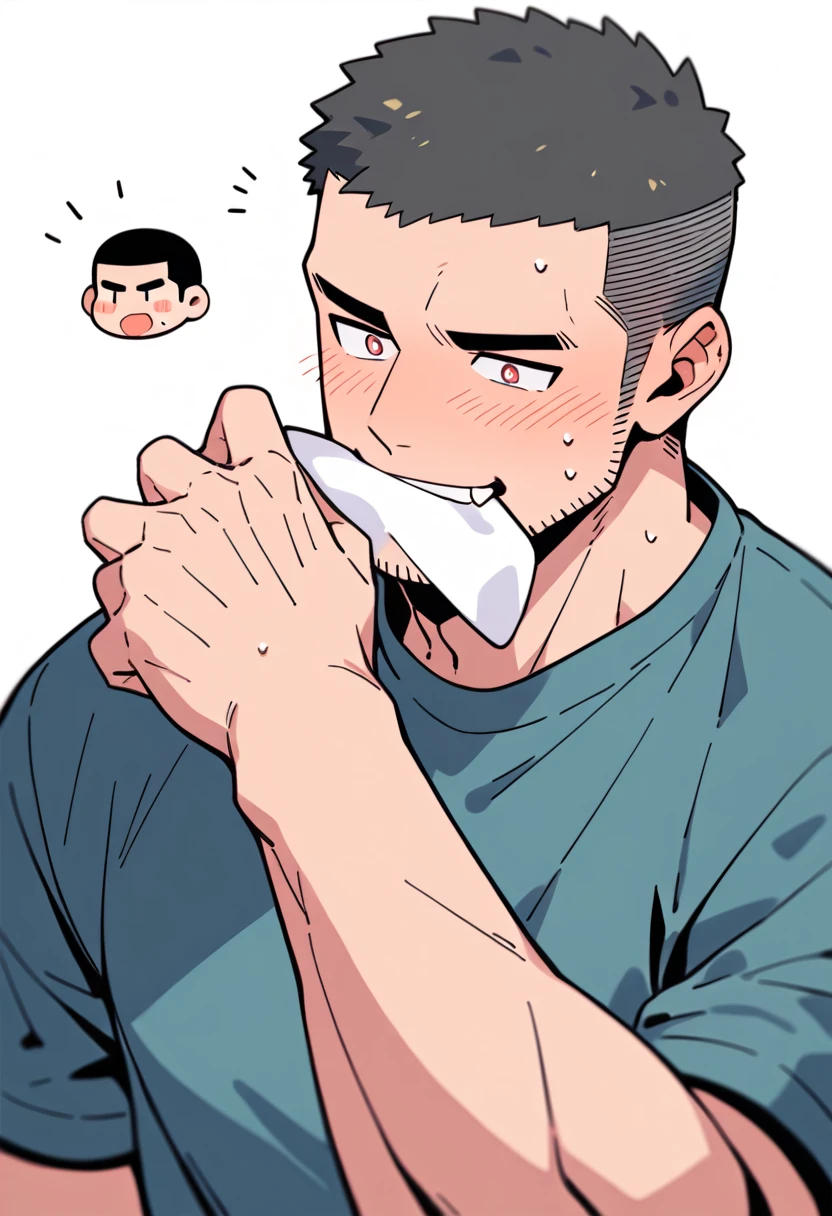 anime characters:Priapus, Muscle Sports Student, Buzz Cut, Manliness, male focus, Dark black tight T-shirt, Very tight, Sweat soaks clothes, full and perky chest muscles, muscular male, muscular, only, Upper body, alone, Black short hair, Thick eyebrows, stubble, Brown-red pupils, White background, simple background, amazing quality, best aesthetics, Ridiculous, crew cut, blush, mouth hold, Biting a white cotton towel in the mouth, embarrassed, shy, endured face, negative space, best quality