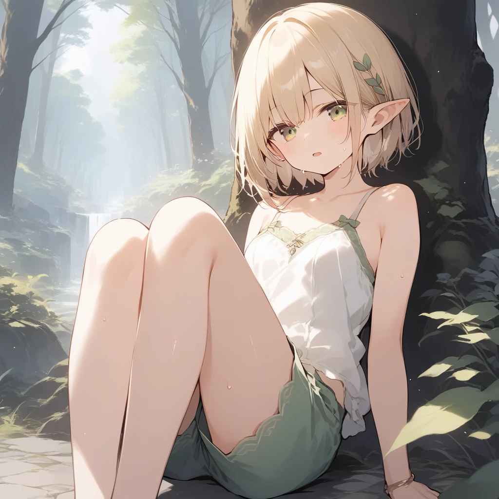 score_9, score_8_up, score_7_up, source_anime, best quality, masterpiece, official art, absurdres, highres, ultra-detailed,waifu2x,Collection: Slice of Life,break,1girl, elf, short hair, slender, androgynous,expressionless, small breasts, beautiful detailed eyes, green shorts, sweat, open mouth, sleepily, outdoors, forest, spring,break,(clear line illustration:1.2), super detailed skin,very high resolution, very aesthetic, Best sexual lighting powered by famous artist, 8k,cute picture,beauty illustration,photoshop_(medium),,(Detailed Lighting),best anime 8k konachan wallpaper, pixiv contest winner,