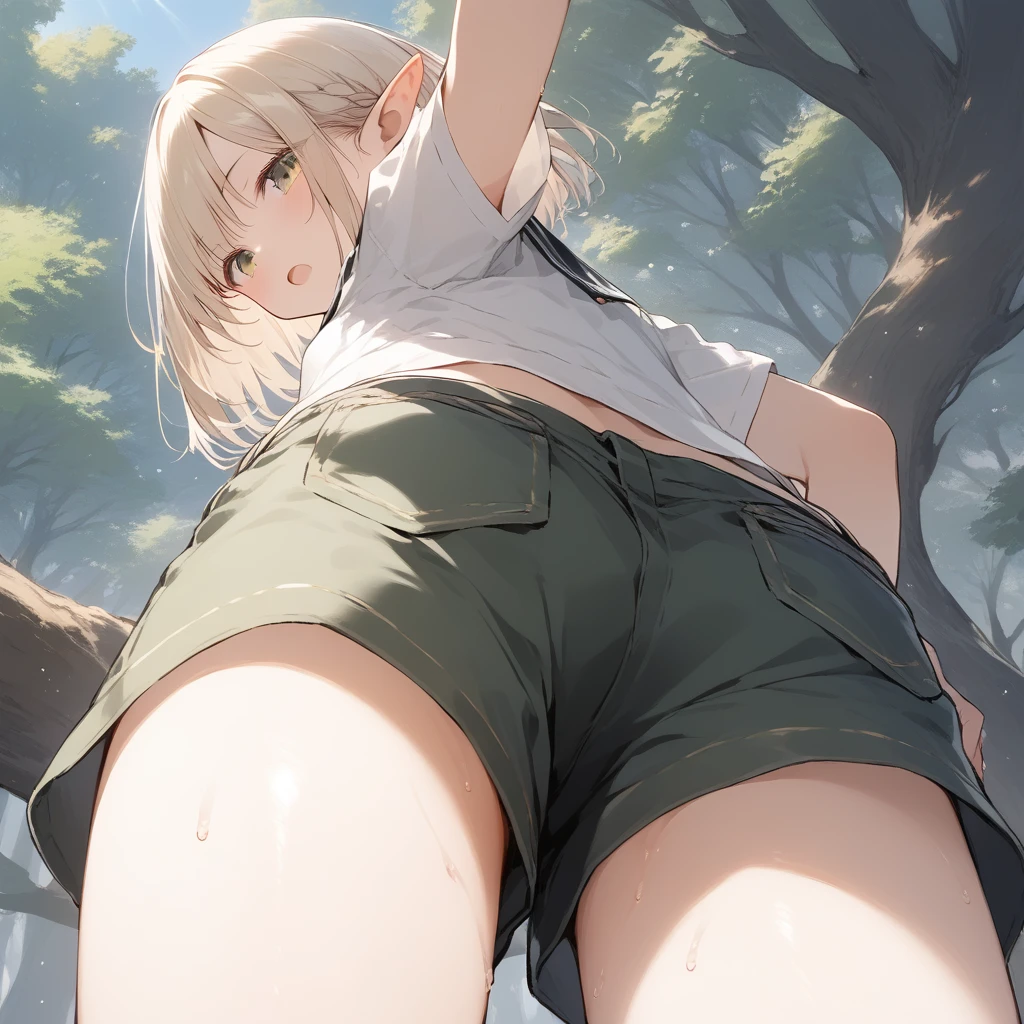 score_9, score_8_up, score_7_up, source_anime, best quality, masterpiece, official art, absurdres, highres, ultra-detailed,waifu2x,Collection: Slice of Life,break,1girl, elf, short hair, slender, androgynous,expressionless, small breasts, beautiful detailed eyes, green shorts, sweat, open mouth, sleepily, outdoors, forest, spring,break,(clear line illustration:1.2), super detailed skin,very high resolution, very aesthetic, Best sexual lighting powered by famous artist, 8k,cute picture,beauty illustration,photoshop_(medium),,(Detailed Lighting),best anime 8k konachan wallpaper, pixiv contest winner, 