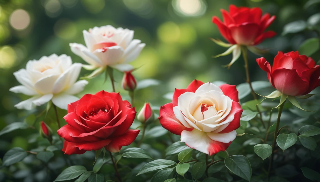 Close-up of vivid red and white roses centered in the frame, soft focus on surrounding lush green foliage, defocused background creating a bokeh effect, nature's palette in full display, natural light, ultra fine details, digital painting