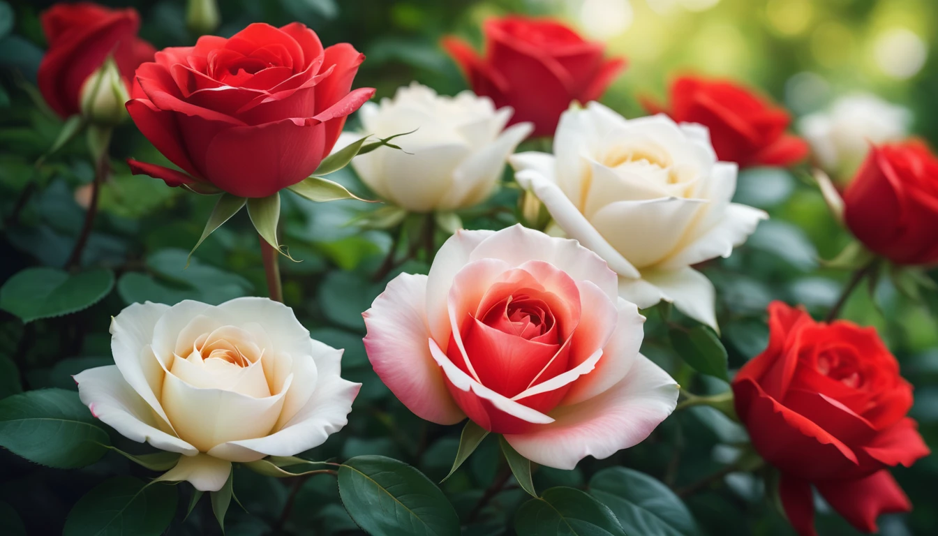 Close-up of vivid red and white roses centered in the frame, soft focus on surrounding lush green foliage, defocused background creating a bokeh effect, nature's palette in full display, natural light, ultra fine details, digital painting