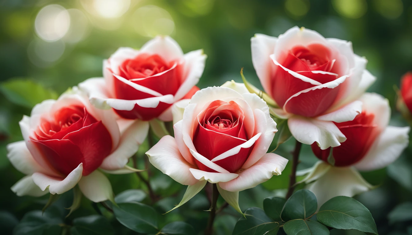 Close-up of vivid red and white roses centered in the frame, soft focus on surrounding lush green foliage, defocused background creating a bokeh effect, nature's palette in full display, natural light, ultra fine details, digital painting