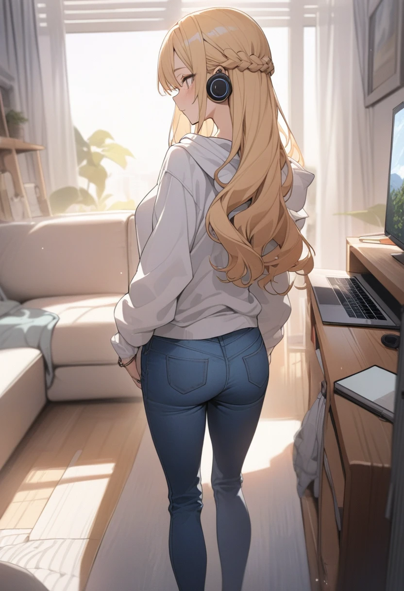 masterpiece, best quality, extremely detailed, ultra detailed, flat anime, 2D,
1girl, (young adult:1.2),blonde hair, (semi-long hair:1.2), curly hair, french braid, medium breasts, tsurime, height 1.7meters,
white hooded sweatshirt, jeans, earring,bracelet, long sleeves, ((Bluetooth small earphone)),socks,
Back view of a laptop computer,Operating a laptop computer,
from behind, full body,
summer, livingroom, 12AM., standing
