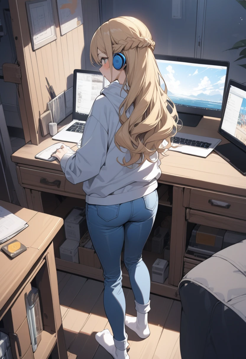 masterpiece, best quality, extremely detailed, ultra detailed, flat anime, 2D,
1girl, (young adult:1.2),blonde hair, (semi-long hair:1.2), curly hair, french braid, medium breasts, tsurime, height 1.7meters, 
white hooded sweatshirt, jeans,  earring,bracelet, long sleeves, ((Bluetooth small earphone)),socks,
Back view of a laptop computer,Operating a laptop computer,
from behind, full body, 
summer, livingroom, 12AM., standing