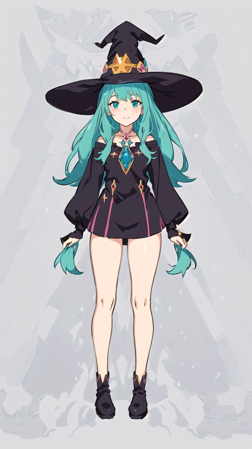 a cartoon girl in a witch costume with a hat and boots, witch girl, astral witch clothes, flirty anime witch casting magic, bright witch, full body character design, witchcore clothes, witch academia, anime full body illustration, anime character design, dark witch character, mechanized witch girl, witch clothes, , anime in fantasy style. style color is watercolor . full shading and lighting 