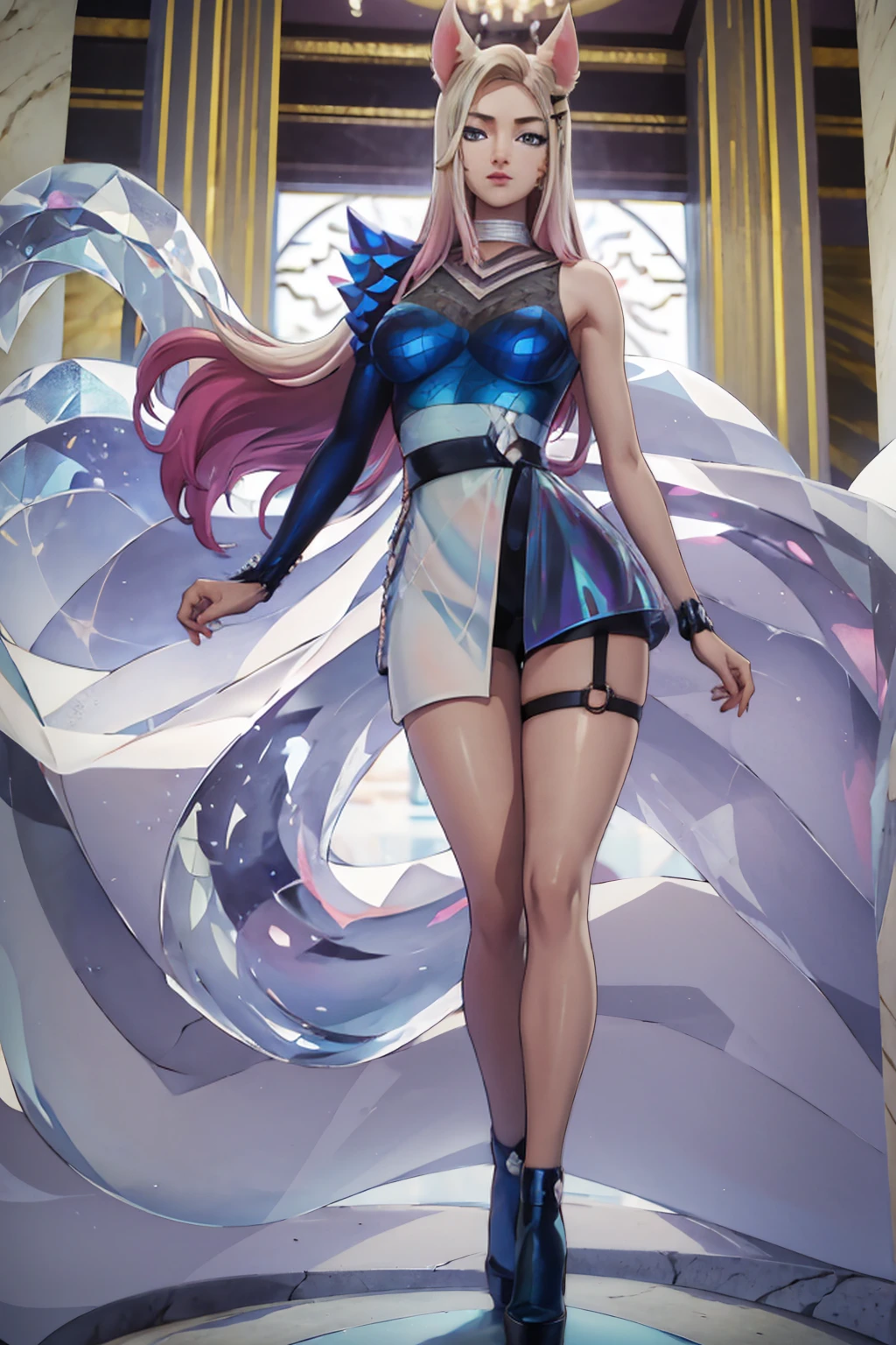 ((Full body photo, standing, feet on the ground)) (masterpiece, official art), 1girls, solo, shortstackBT, shortstack, thick, curvy, curvaceous, blue eyes, long hair, ahri, incrsAhri, fox ears, fox tail, multiple tails, (bare legs, high heels), (closeup), portrait, (huge breasts), standing, view from front, simple background, looking at viewer, (upper body), smile, seductive, alluring attire